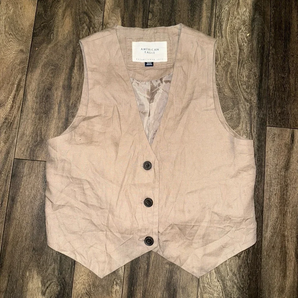 American Eagle Vest Waistcoat Linen-Blend Women's Size M Button-Up Brown